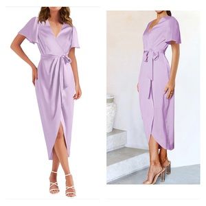 Bodycon Dress Satin V Neck Short Sleeve Ruched Tie Waist Wrap Split Midi Dresses